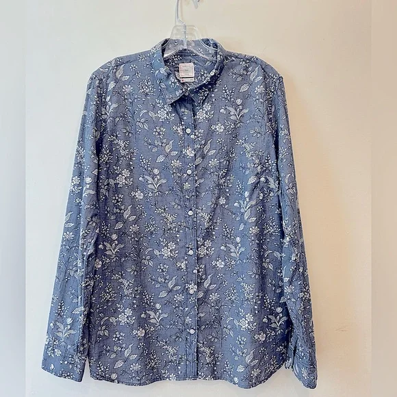 OLD NAVY FLORAL CHAMBRAY BLUE SHIRT - Picture 1 of 7